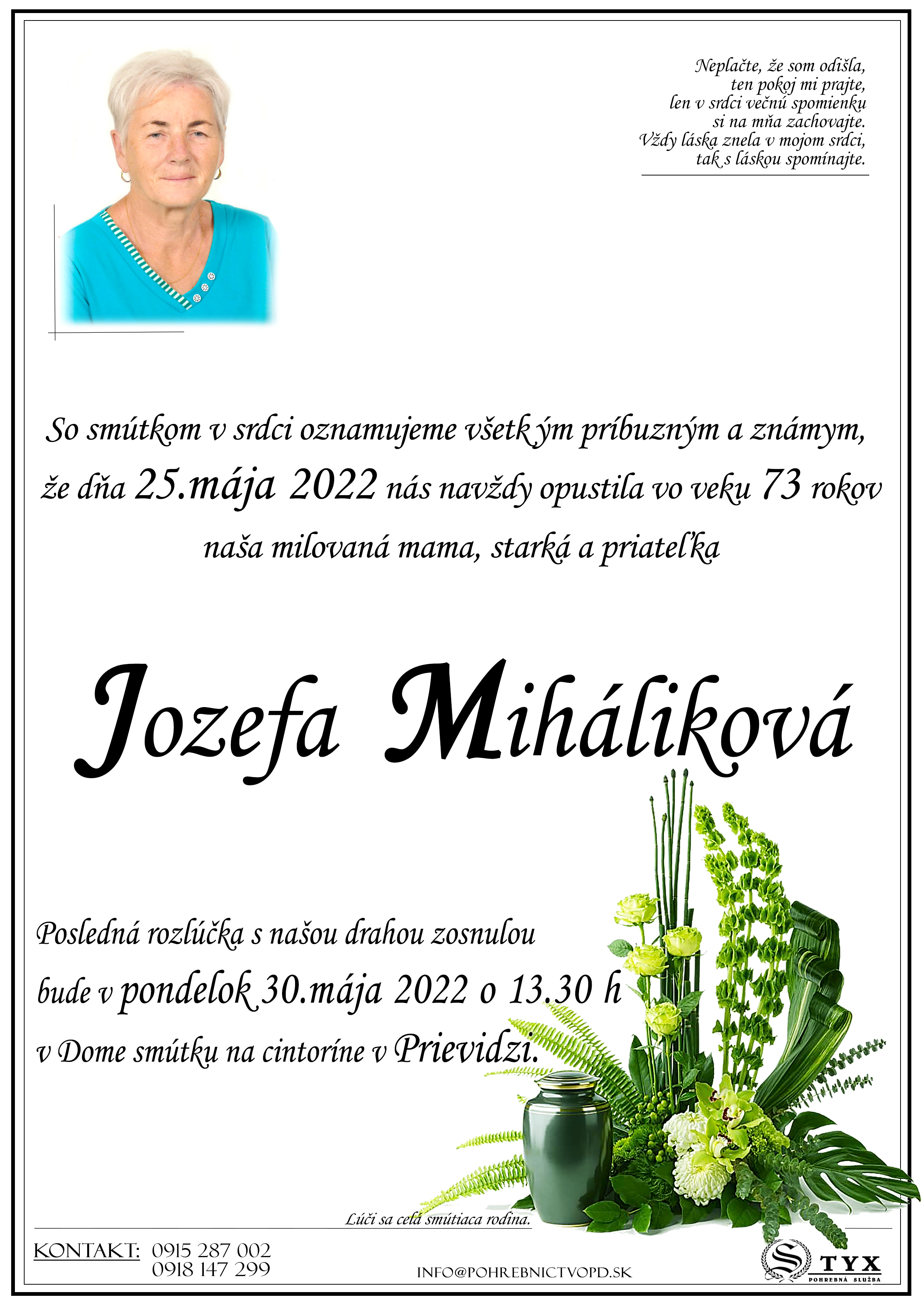 Jozefa Miháliková - parte